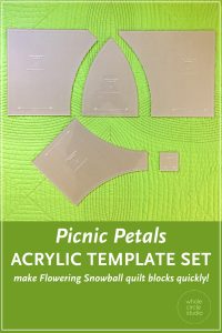 Make cutting curves for your Picnic Petals, a modern Flowering Snowball quilt a breeze! Instead of printing, cutting and tracing your own templates from the Picnic Petals pattern, use the Acrylic Template Set and skip right to the cutting. Acrylic templates will save you time and increase accuracy. Use a small 28mm rotary cutter and these custom ⅛" thick acrylic templates (the same thickness as your regular acrylic ruler) to cut out all 5 shapes needed to construct your quilt blocks.