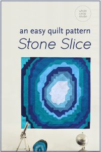 Rock Solid! Make this easy quilt pattern as a gift for a child, rock lover, or anyone who loves geodes! Any budding geologist would love to snuggle under this quilt or hang it on their wall. Stone Slice is made from fabric strips and half square triangles (HSTs). Instructions are included to make 3 sizes: wall, throw and queen. Lots of diagrams, tips and photos are included in this PDF pattern by Whole CIrcle Studio.