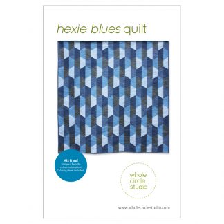 An easy and fun hexagon project! Hexie Blues is an easy, modern quilt pattern. No complicated Y-seams necessary! This super versatile pattern looks great in blues or your favorite color palette—go with a monochromatic, rainbow or even scrappy color palette. A coloring sheet is included so you can audition all types of fun combinations! Make a throw quilt (featured in pattern) or adjust the block layout to make table runners, pillows or larger quilts. You'll want to make this pattern over and over again!