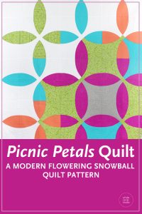 Picnic Petals is a modern quilt based on a traditional Flowering Snowball block. This tested pattern contains both detailed instructions and diagrams, making it easy to piece. Instructions are provided for three sizes: Throw, Twin and Queen.
