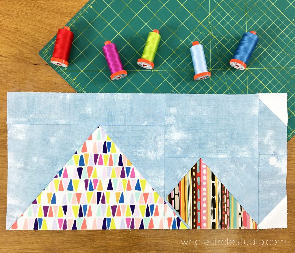 Around the World travel themed block of the month program. Make these blocks / mini quilts that celebrate architecture from around the world. Foundation paper pieced quilt sew along. Great Pyramid of Giza, Cairo Egypt . Pattern available at wholecirclestudio.com